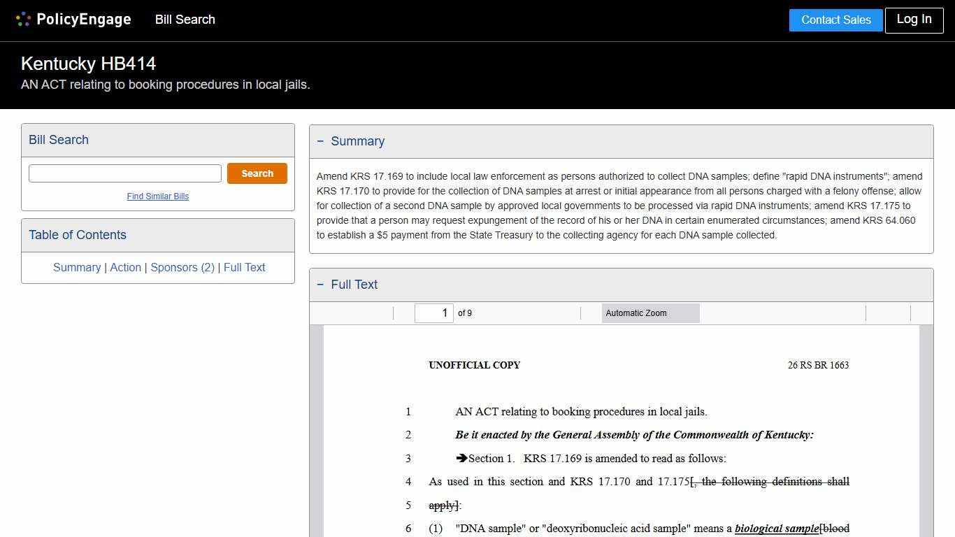 HB414 Kentucky 2026 AN ACT relating to booking procedures in local jails. - Legislative Tracking PolicyEngage